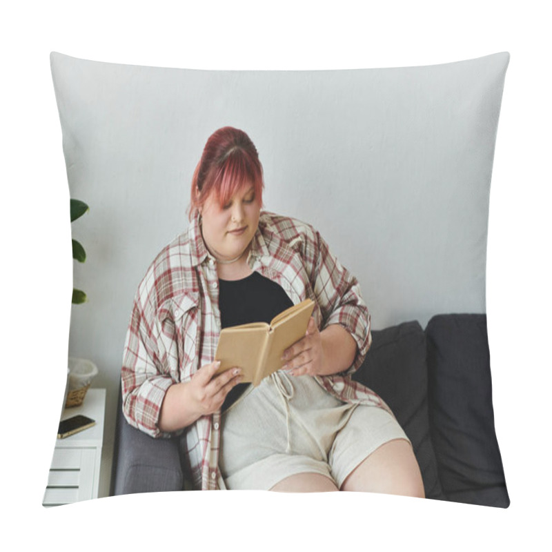 Personality  A Woman Relaxes On A Couch, Lost In The Pages Of A Book. Pillow Covers