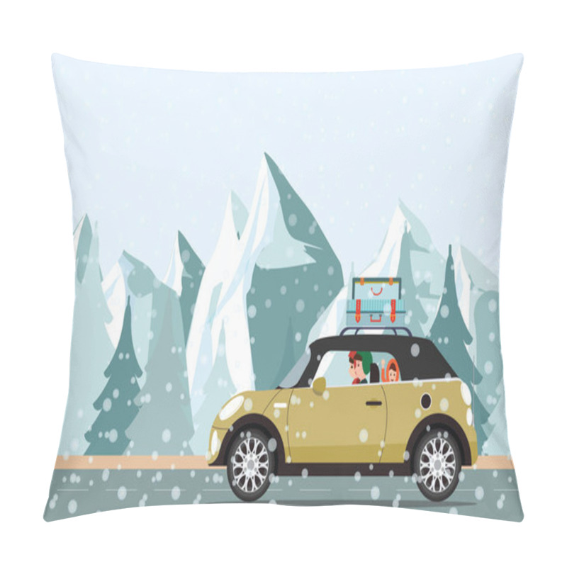 Personality  Happy Family Going To A Winter Traveling Through  Snowy. Pillow Covers