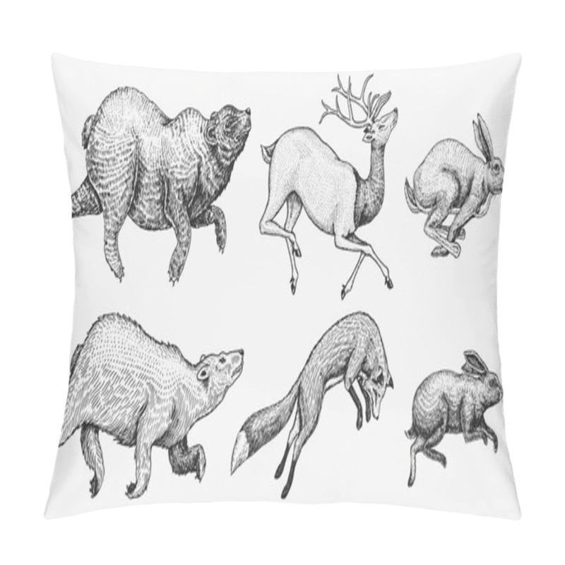 Personality  Soaring Hare Rabbit Northern Brown Bear Deer. Set Of Wild Forest Animal Jumping Up. Vintage Style. Engraved Hand Drawn Sketch. Pillow Covers