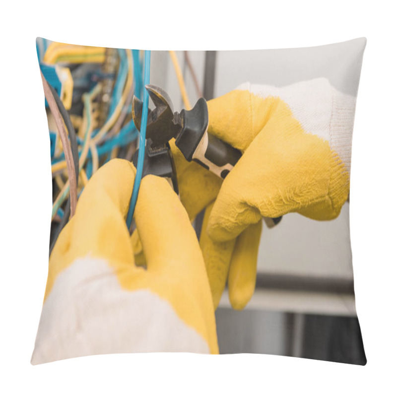 Personality  Cropped Image On Electrician Cutting Wires From Electrical Panel With Pliers In Corridor Pillow Covers