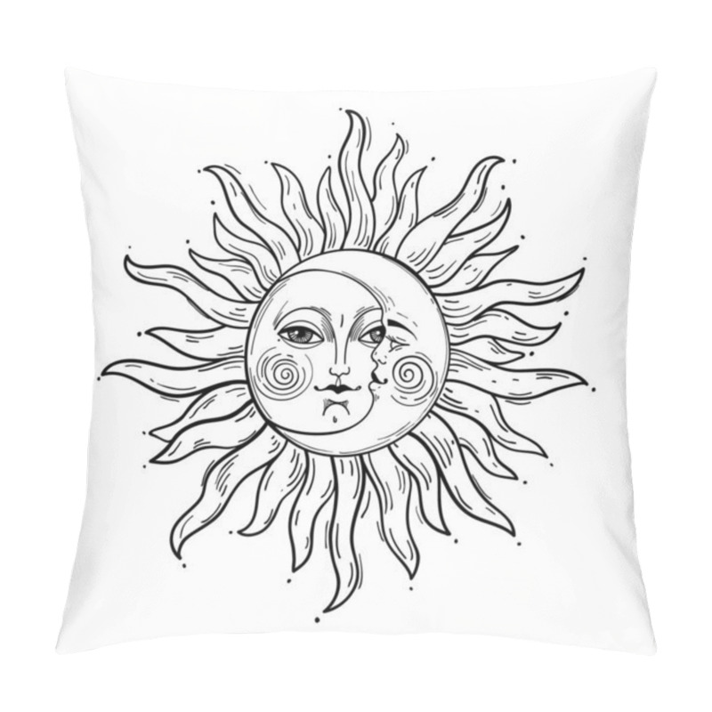 Personality  Bohemian Hand Drawing, Esoteric Sketch, Engraving Stylization. Sun And Crescent Moon With A Face. Design For Tattoo, Astrology, Sticker, Tarot. Vector Illustration Isolated On White Background Pillow Covers