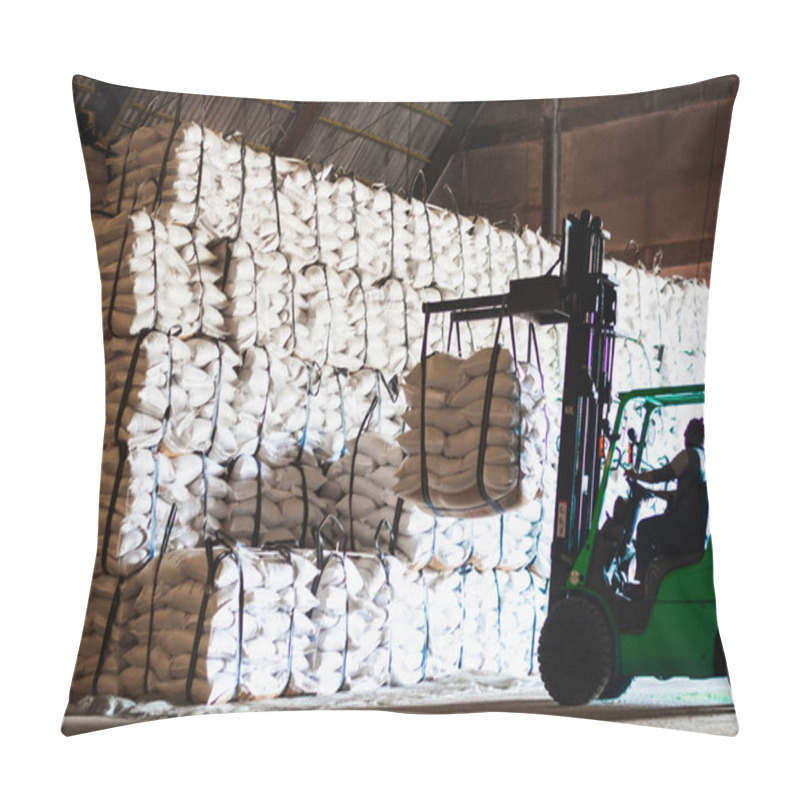 Personality  Forklift Stacking Up Sugar Bag Inside Warehouse, Sugar Warehouse Operation. Agriculture Product Storing And Logistics For Import And Export. Pillow Covers