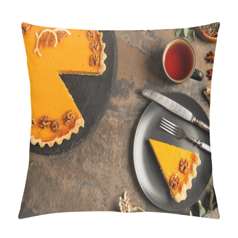 Personality  Thanksgiving Pumpkin Pie With Walnuts And Orange Slices Near Black Plate And Warm Tea On Stone Table Pillow Covers