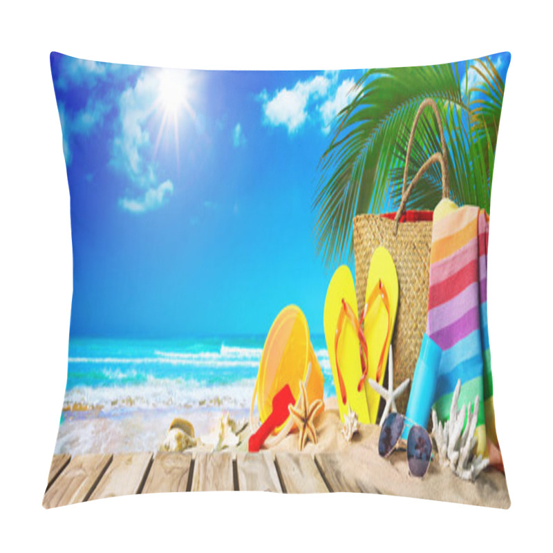 Personality  Tropical Beach With Sunbathing Accessories, Summer Holiday Background Pillow Covers