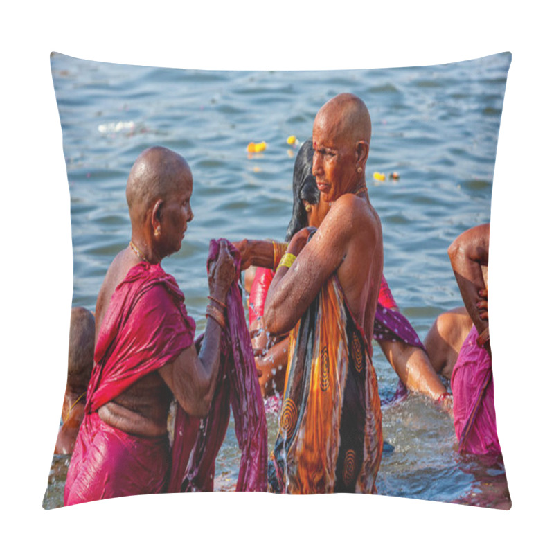 Personality  India, Varanasi - April 23, 2011: Unidentified People Taking Ritual Bath In The River Ganga. The Holy Ritual Bath Is Held Every Day Pillow Covers