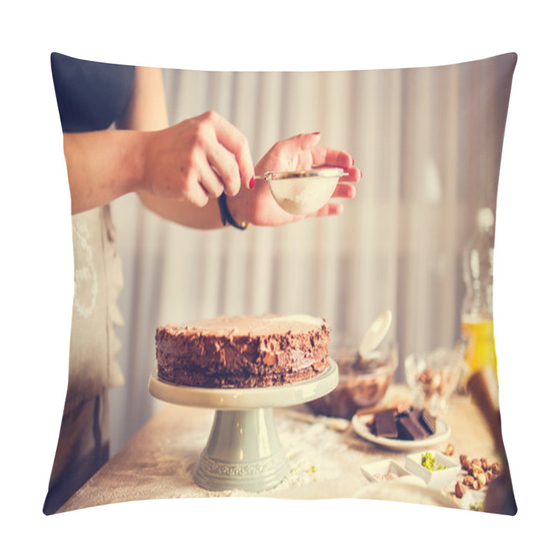 Personality  House Wife Wearing Apron Making Finishing Touches On Birthday Dessert Chocolate Cake.Woman Making Homemade Cake With Easy Recipe,sprinkling Powdered Sugar On Top Pillow Covers