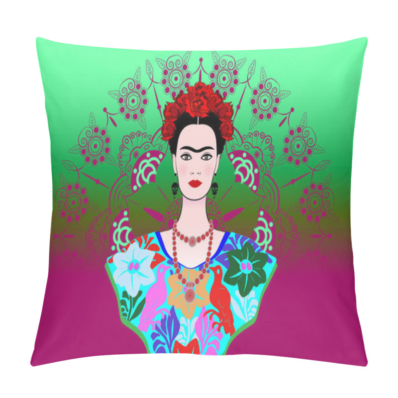 Personality  Frida Kahlo Vector Portrait , Young Beautiful Mexican Woman With A Traditional Hairstyle. Crown Of Red Flowers, Mexican Crafts Jewelry And Dress, Vector Decorated Mandala Background  Pillow Covers