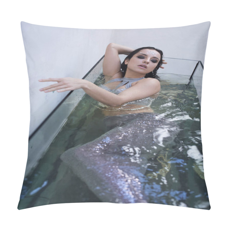 Personality  A Young Woman With Dark Hair And A Shimmering Tail Floats In An Aquarium, Dreaming Of The Sea. Pillow Covers