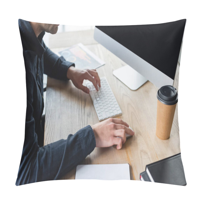 Personality  Cropped View Of Programmer Using Computer Near Paper Cup And Notebooks In Office  Pillow Covers