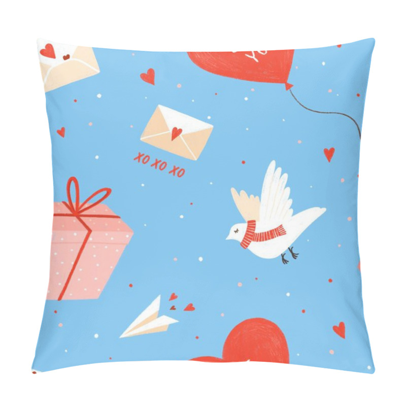 Personality  Seamless Valentine Pattern With Cute Doves, Love Letters And Heart Balloons On Blue Background. Pillow Covers