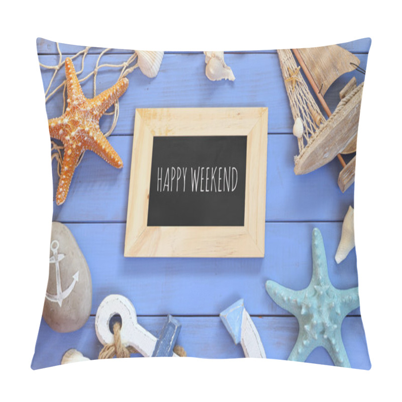 Personality  Top View Of Nautical Concept With Chalkboard And Text: HAPPY WEEKEND Next To Nautical Life Style Objects Pillow Covers