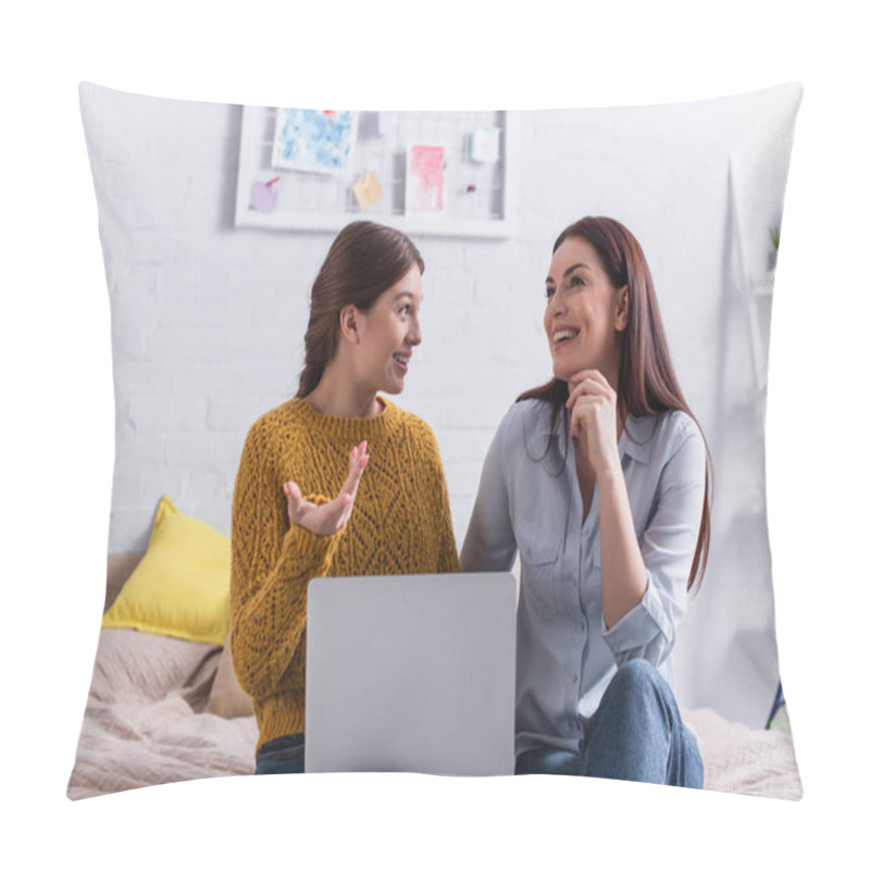 Personality  Happy Teenage Girl Looking At Mother Near Laptop In Bedroom Pillow Covers