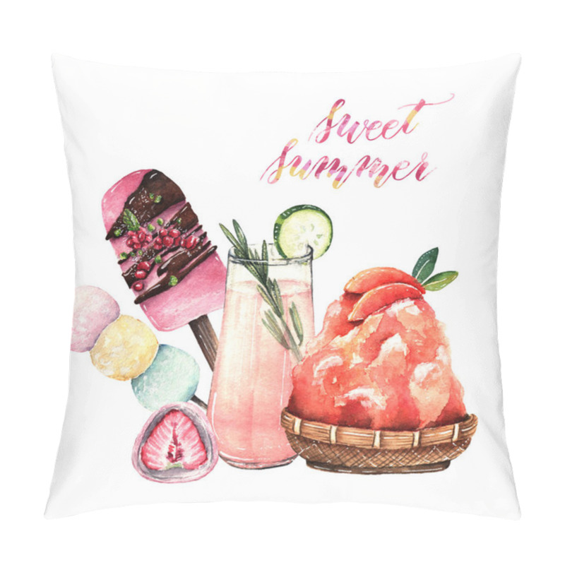 Personality  Watercolor Illustration. Sweet Summer, Shaved Ice, Cocktail, Mochi, Ice Cream, Handmade, Postcard, Print On T-shirt Pillow Covers