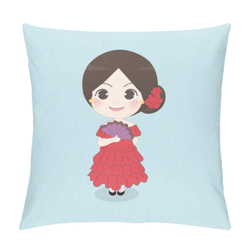 Personality  Spanish Girl With Character Design With Girl Wearing Res Dress And Spain Landmarks As A Background. Vector Illustration. Pillow Covers