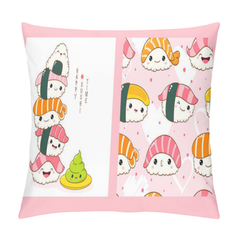 Personality  Set Of Seamless Pattern And One Print With Cute Sushi And Roll In Kawaii Style. Endless Texture Can Be Used For Textile Pattern Fills, T-shirt Design, Web Page Background. Vector Illustration EPS8 Pillow Covers