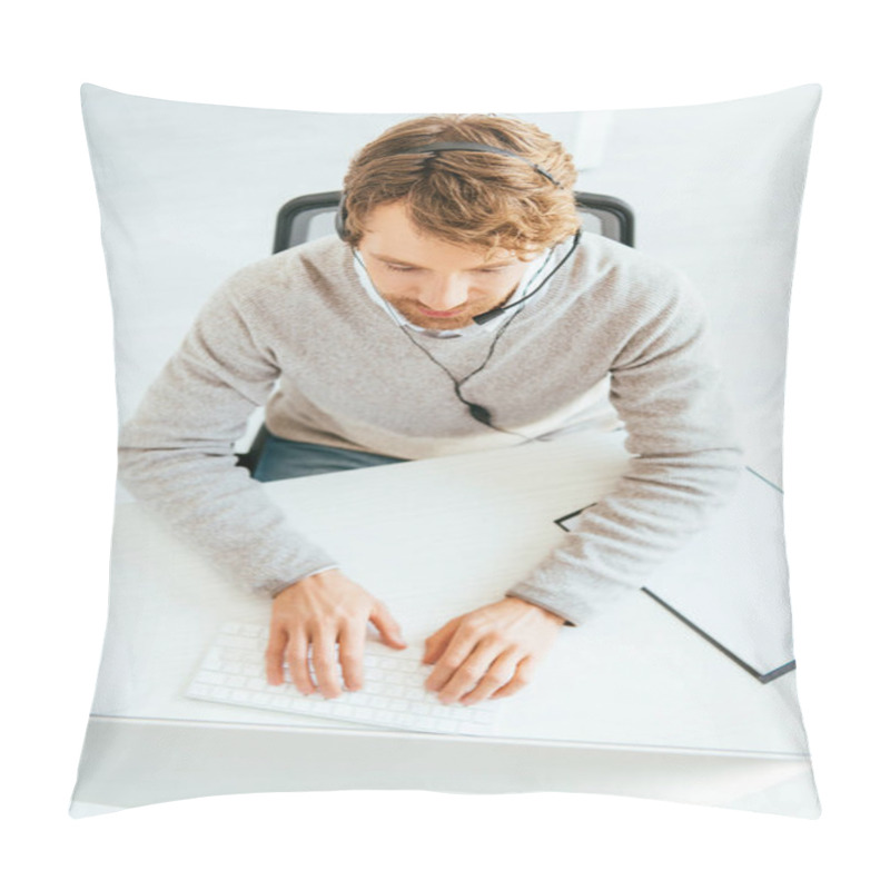 Personality  Top View Of Bearded Broker In Headset Typing On Computer Keyboard  Pillow Covers