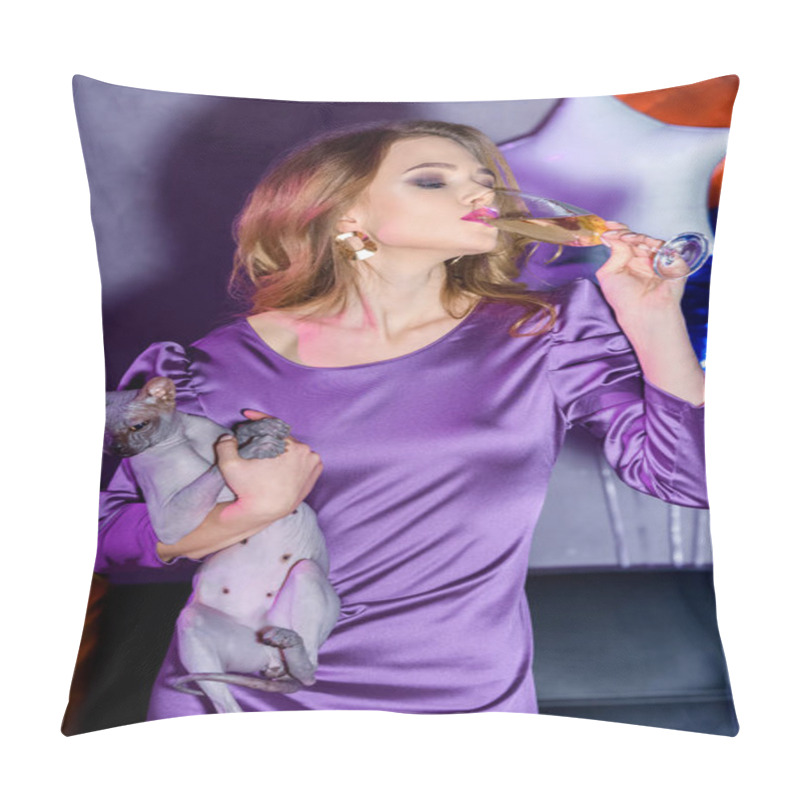 Personality  Portrait Of Young Stylish Woman With Cat On Hand Drinking Champagne At Party Pillow Covers