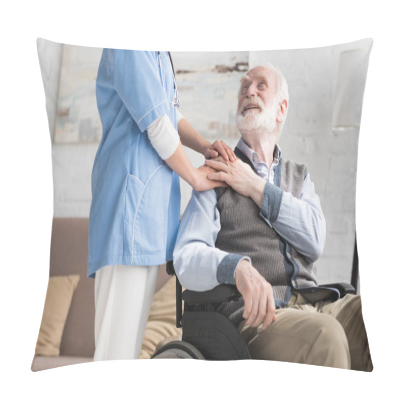 Personality  Happy And Disabled Senior Man In Wheelchair Holding Hands With Doctor Pillow Covers