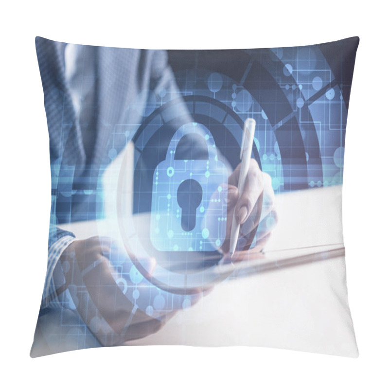 Personality  Digital Cybersecurity Concept Of Neutralizing Cyber Threats On Internet. Firewall And Antivirus Software. Virtual Locking Mechanism To Access Shared Resources. Businessman Working At Tablet Computer. Pillow Covers