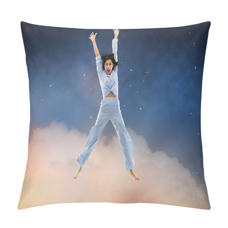 Personality  Happy Woman In Blue Pajama Jumping High Pillow Covers