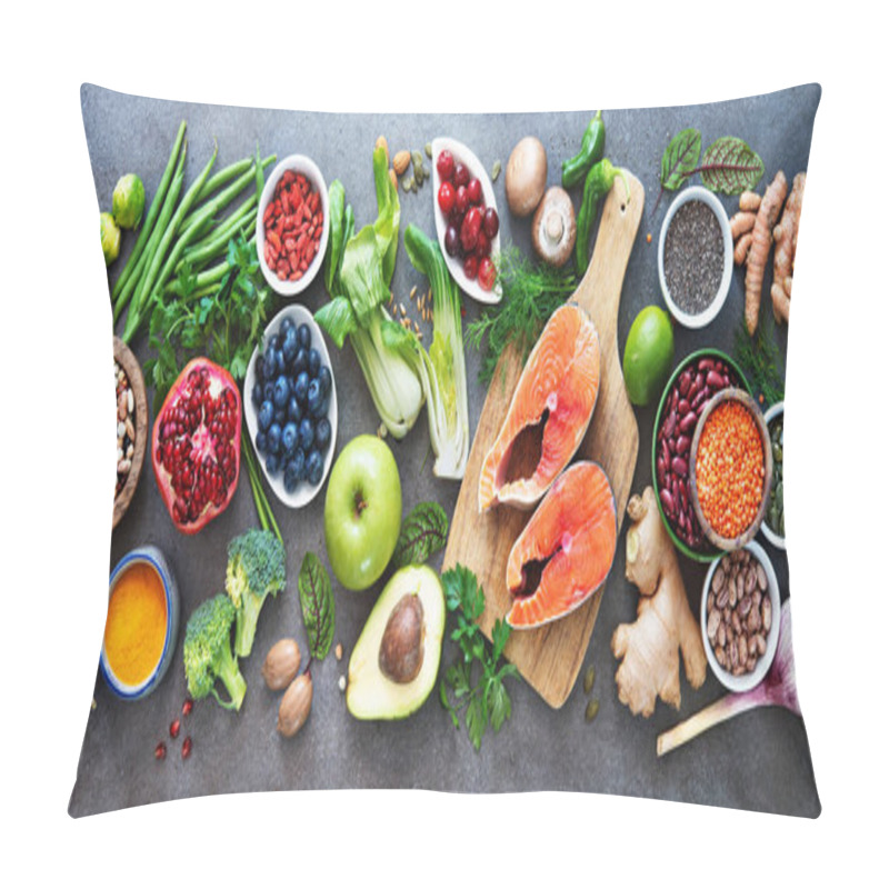 Personality  Healthy Food Selection: Food Sources Of Omega 3 And Unsaturated Fats, Fruits, Vegetables, Seeds, Superfoods With High Vitamin E And Dietary Fiber, Cereals On Gray Background Pillow Covers