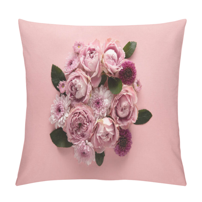 Personality  Top View Of Blooming Spring Flowers In Bouquet On Pink Background Pillow Covers