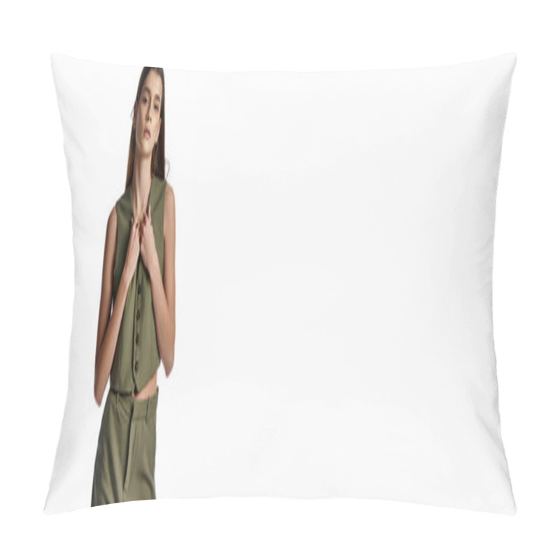 Personality  A Beautiful, Fashionable Woman With Long Dark Hair Posing In A Stylish Green Dress Against A White Background. Pillow Covers