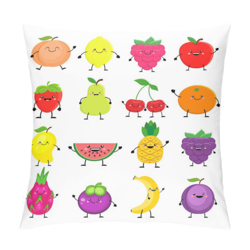 Personality  Funny Cartoon Set Of Different Fruits. Smiling Peach, Lemon, Mango, Watermelon, Cherry, Apple, Pineapple, Raspberry, Strawberry, Orange, Dragon Fruit Mangosteen Banana Plum   Vector Illustrati Pillow Covers