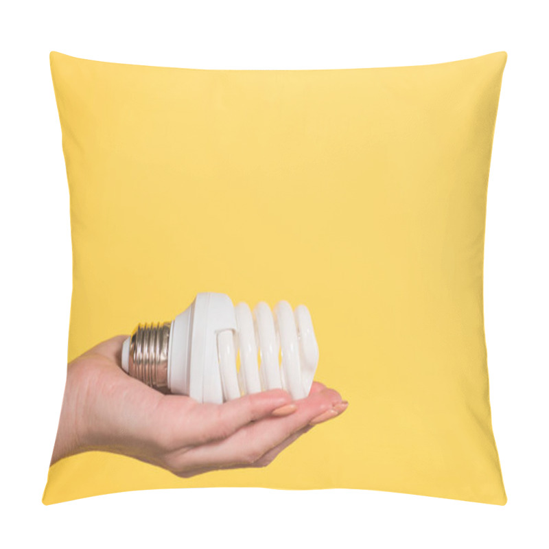 Personality  Cropped View Of Woman Holding Fluorescent Lamp Isolated On Yellow, Energy Efficiency Concept Pillow Covers