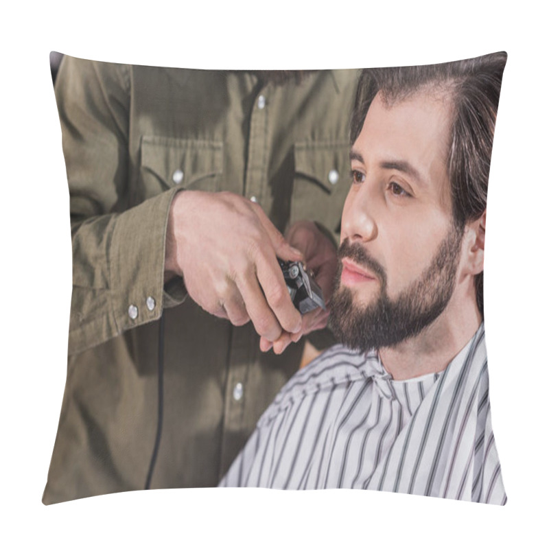 Personality  Cropped Shot Of Barber Shaving Client With Hair Clipper Pillow Covers