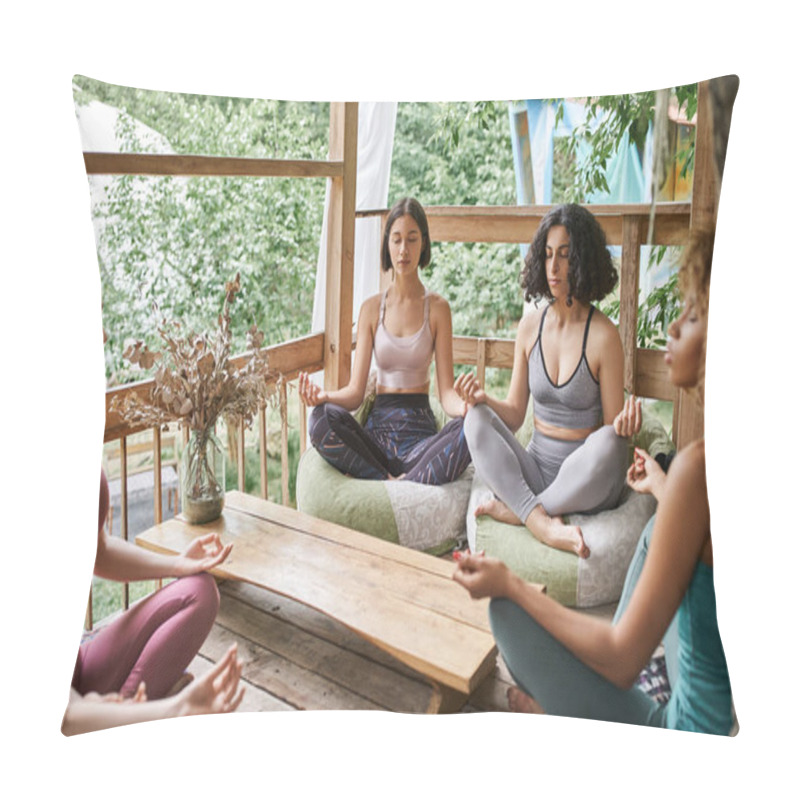 Personality  Multiethnic Girlfriends In Sportswear Meditating In Lotus Pose In Patio Of Retreat Center Pillow Covers