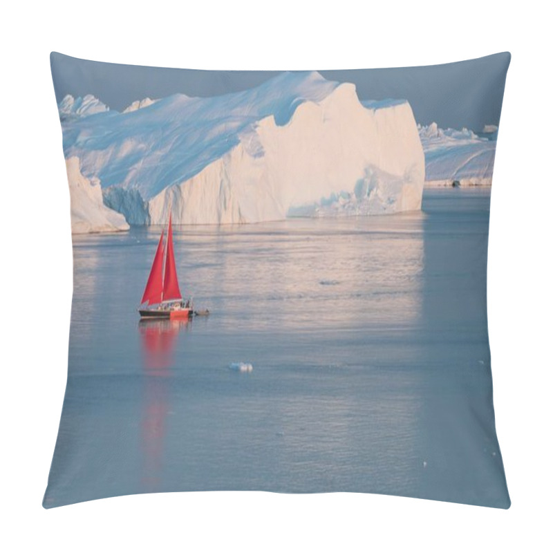 Personality  Little Red Sailboat Cruising Among Floating Icebergs In Disko Bay Glacier During Midnight Sun Season Of Polar Summer. Ilulissat, Greenland. Expedition Ship With Iceberg In Antarctic Sea Pillow Covers