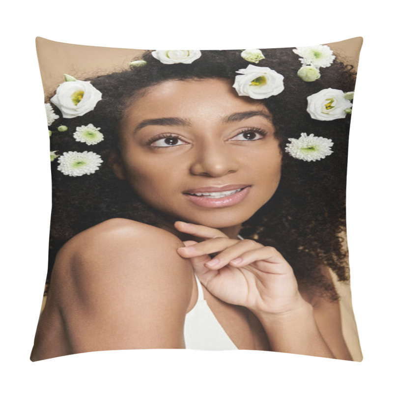 Personality  A Young African American Woman With A Flower Crown In Her Hair, A Soft Smile, And Natural Makeup. Pillow Covers