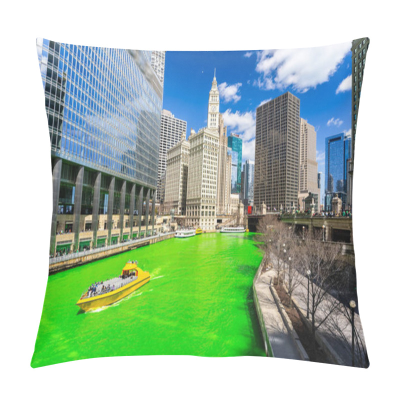 Personality  Chicago Skylines Building Along Green Dyeing River Of Chicago River On St. Patrick's Day Festival In Chicago Downtown IL USA Pillow Covers