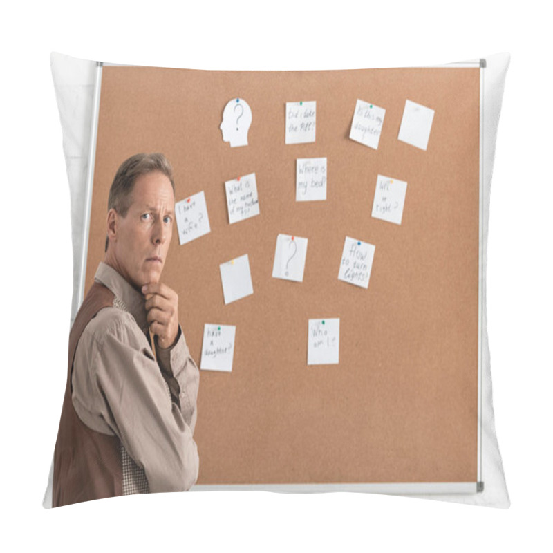 Personality  Pensive Retired Man Standing Near Papers With Letters On Bard  Pillow Covers