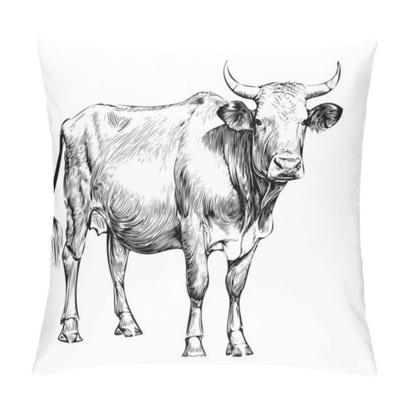 Personality  Cow Standing Side View Engraved Hand Drawn Sketch.Cattle Breeding.Vector Illustration. Pillow Covers