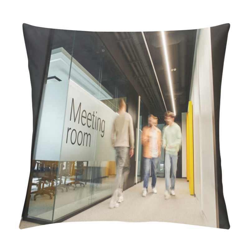 Personality  Motion Blur Of Energetic And Ambitious Business People Walking Near Meeting Room In Coworking Environment Of Modern Office With High Tech Interior, Full Length, Dynamic Business Concept Pillow Covers