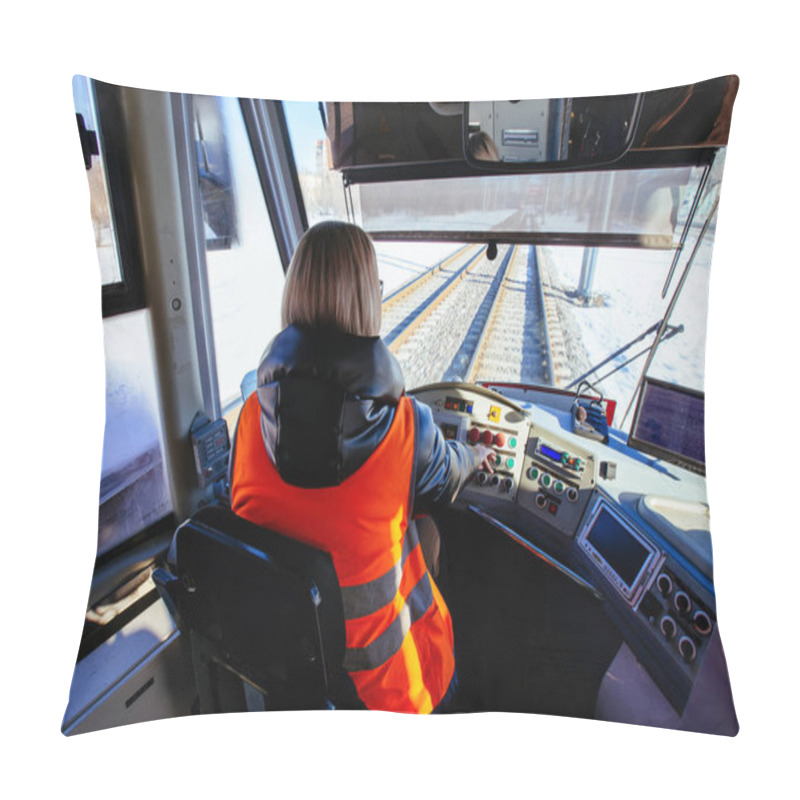 Personality  Female Tram Driver On Workplace, View From Behind. Pillow Covers