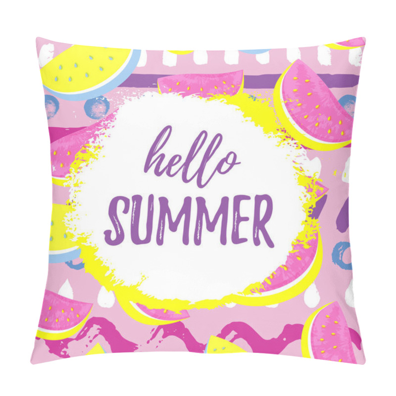 Personality  HELLO SUMMER Greeting Banner. Seamless Watermelon Pattern Isolated On Hand Drawn Pop Art Background. Pillow Covers