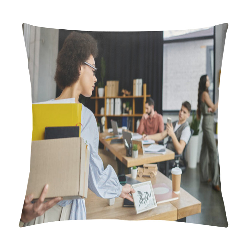 Personality  Stylish African American Woman Packing Her Items During Lay Off, Colleagues On Backdrop. Pillow Covers