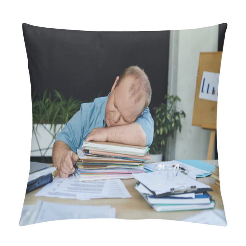 Personality  A Man With Inclusivity Rests His Head On A Stack Of Papers While Working At His Desk. Pillow Covers