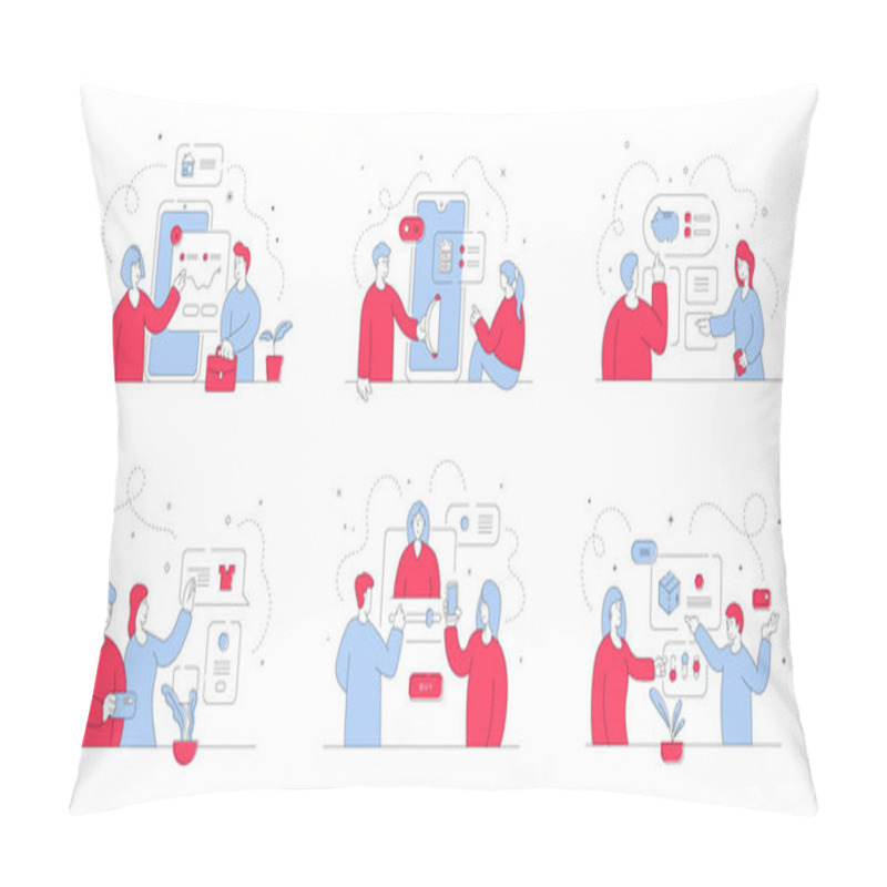 Personality  Modern People Spending Money Online. Set Of Flat Line Vector Illustrations Pillow Covers