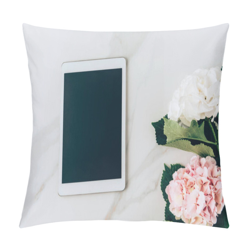 Personality  Top View Of Digital Tablet With Blank Screen And Hortensia Flowers On Marble Background Pillow Covers