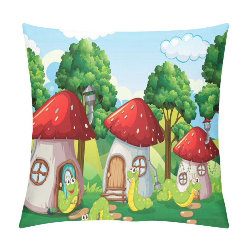 Personality  Caterpillar At The Mushroom House Illustration Pillow Covers