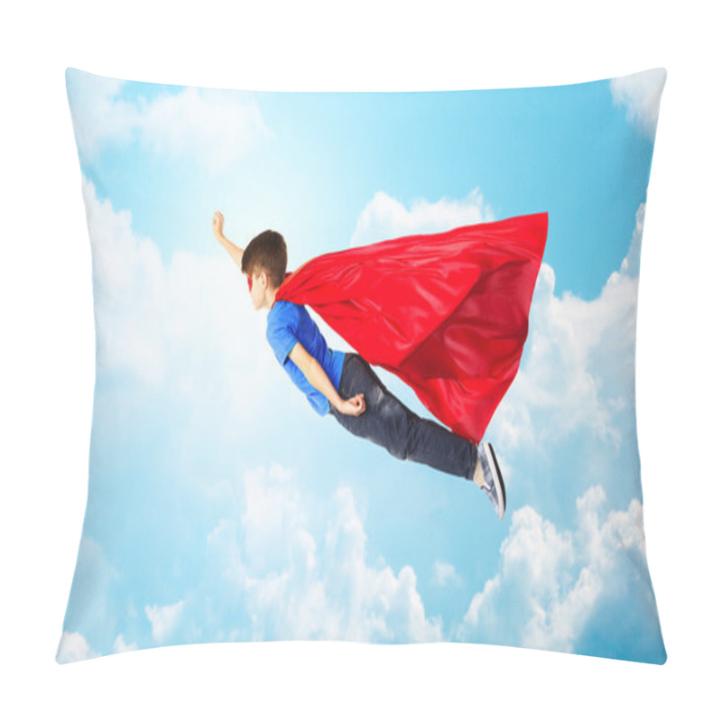 Personality  Boy In Red Superhero Cape And Mask Flying On Air Pillow Covers