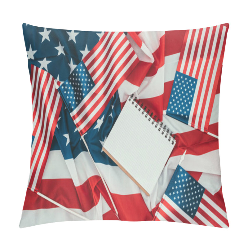 Personality  Top View Of Arranged American Flags And Blank Notebook, Presidents Day Concept Pillow Covers