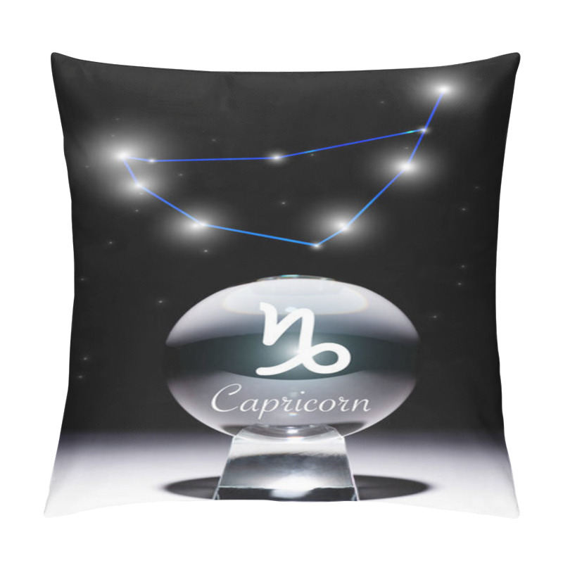 Personality  Crystal Ball With Capricorn Zodiac Sign Isolated On Black With Constellation Pillow Covers