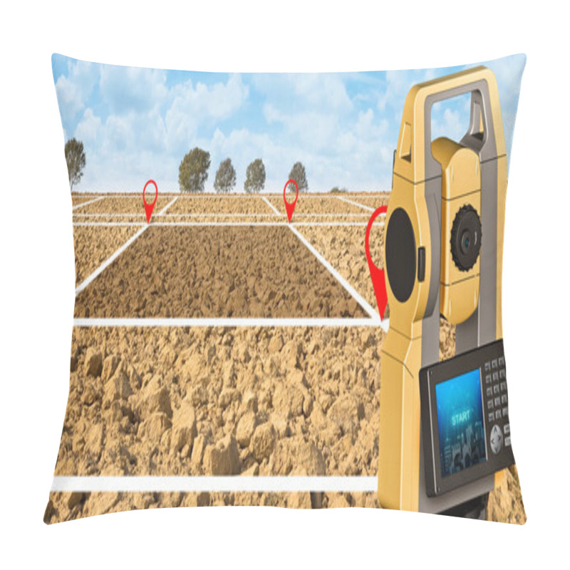 Personality  3D Illustration - Land Plot Management - Real Estate Concept With A Vacant Land Available For Building Construction And Housing Subdivision With A Geodesic Device, Called Total Station Pillow Covers