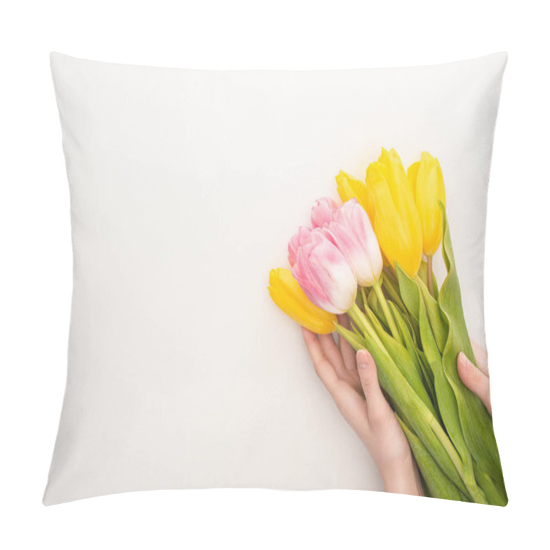 Personality  Partial View Of Woman Holding Bouquet Of Tulips On White Background, Spring Concept  Pillow Covers