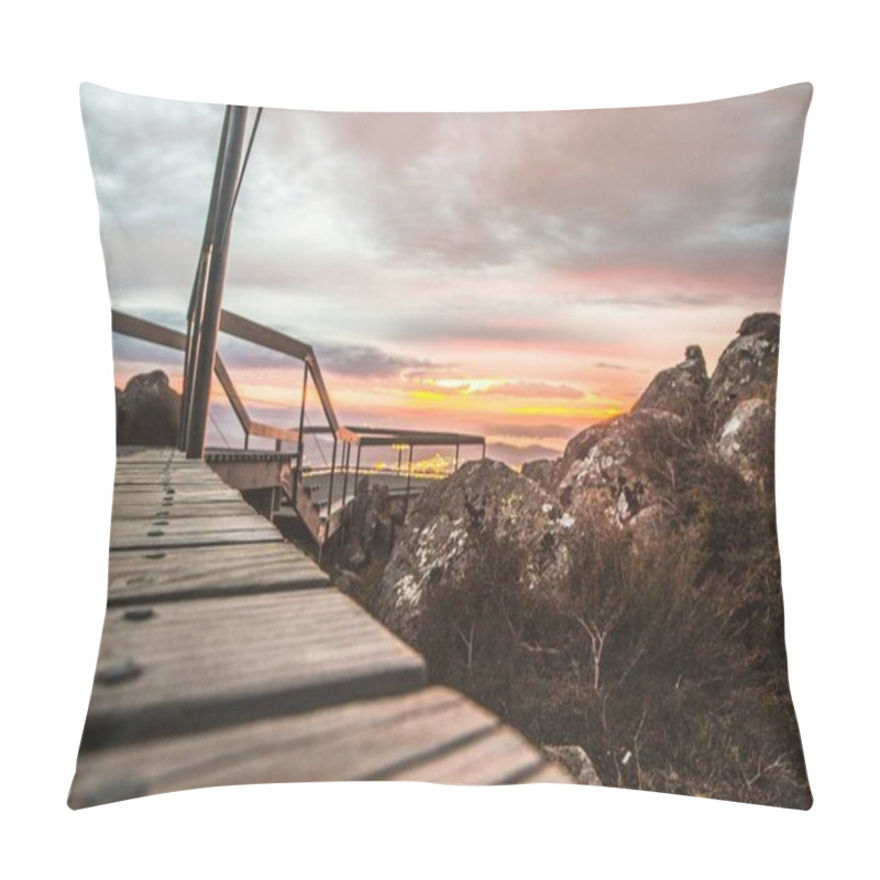 Personality  Scenic Wooden Pathway Leading To A Vibrant Sunset Over Rocky Terrain. Pillow Covers